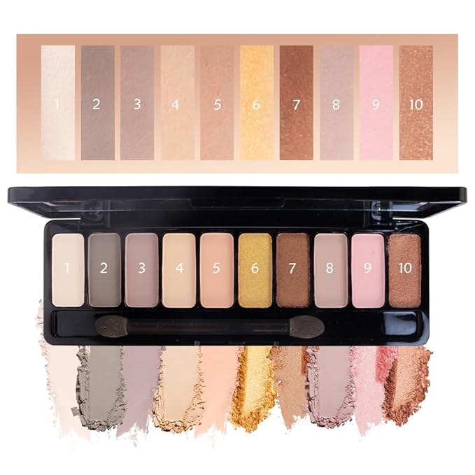 Ten-Color Eyeshadow Palette, Nude White Brown Grey Bronze Gold Light Pink 10 Shimmer and Matte Shades, Blendable Powder, Everyday Eye Makeup, Vegan and Cruelty-Free, Built-In Mirror and Brush, 03#