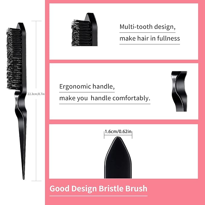 3 Pieces Comb Set for Teasing, Edge & Back Brushing - Rat Tail & Edge Combs for Styling Women's Hair (Black)