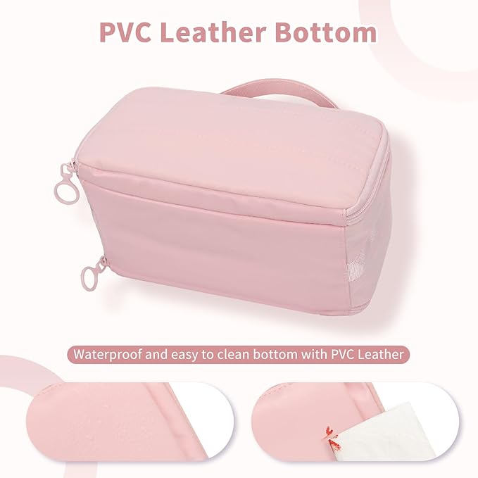 OCHEAL Travel Makeup Bag - Wide Open Cosmetic Bag for Women Make up with Two Compartments, Portable Lightweight Roomy Organizer Toiletry Bag for Girls Skincare tools Accessories-Pink
