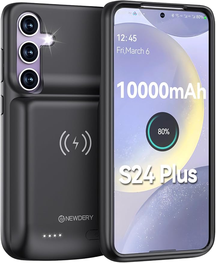 NEWDERY Battery Case for Samsung S24 Plus, 10000mAh Qi Wireless Charging, 18W Input Fast Charging, Sync Data Supported, Portable Rechargeable Charger Case Battery Pack for Galaxy S24 Plus 5G 6.7"