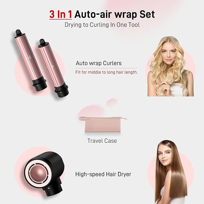 3 in 1 Air Styler with High-Speed Hair Dryer & Air Wrap Curler for Curling, Negative Ions Frizz-Free Styling Drying, No Heat Damage, Fit for All Hair Types Hot Hair Styler with Travel Case