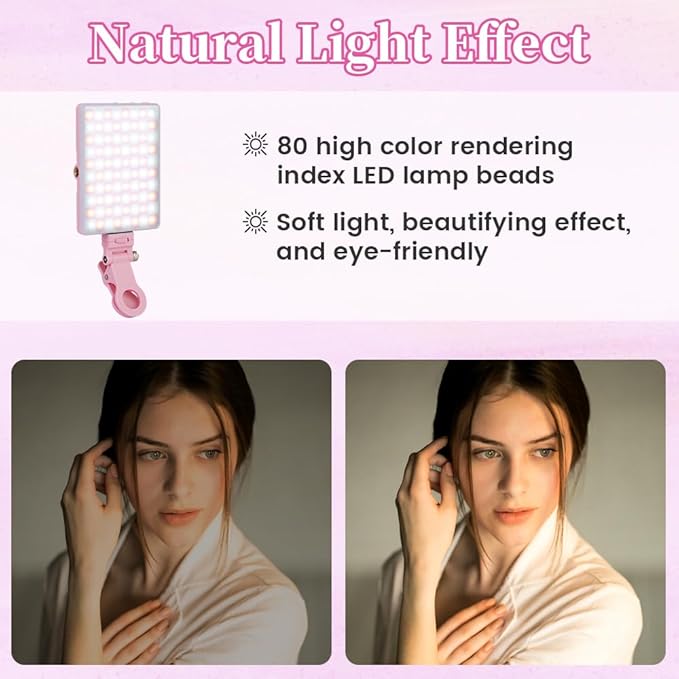 Inspack 60 LED Selfie Light for iPhone, with Back Clip & Front, Portable Phone Clip for Tiktok Video Recording, Zoom Calls Lighting Computer, High Power Rechargeable with 3 Light Modes, Pink
