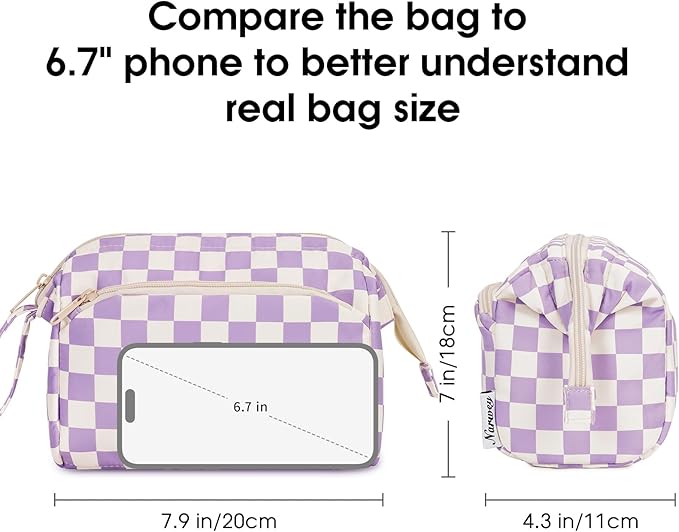 Narwey Checkered Makeup Bag Women Wide-open Make up Bag Travel Cosmetic Bag Organizer Toiletry Bag for Cosmetics Toiletries Accessories (Purple Checkerboard)