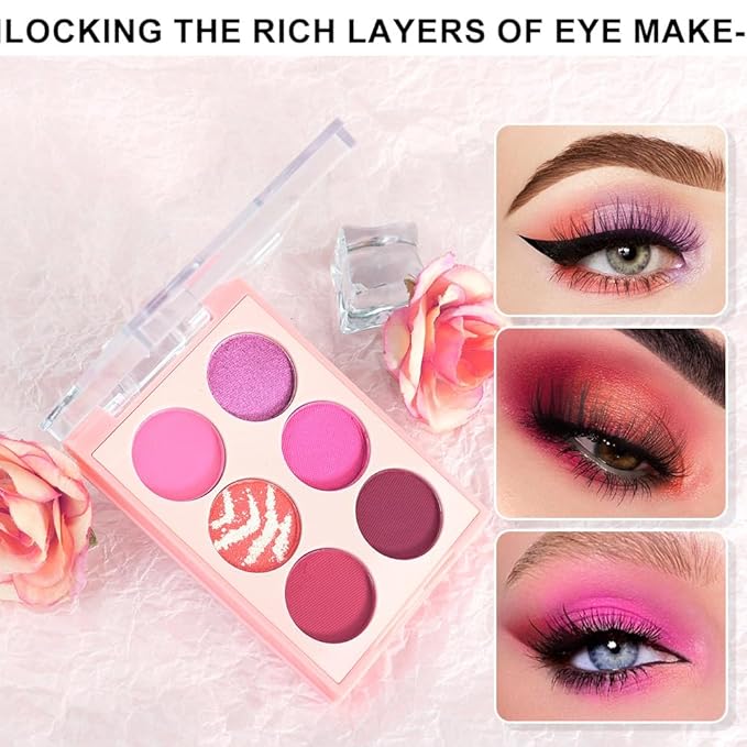 Six Colors Glitter Matte Eyeshadow Palette,Pink Purple Orange RosePink Dark Red Shimmer Sparkly Eyeshadow Palette Makeup,Prom Eyeshadows Long-Lasting Waterproof Red Pink Women Girls Eye Shadow 01
