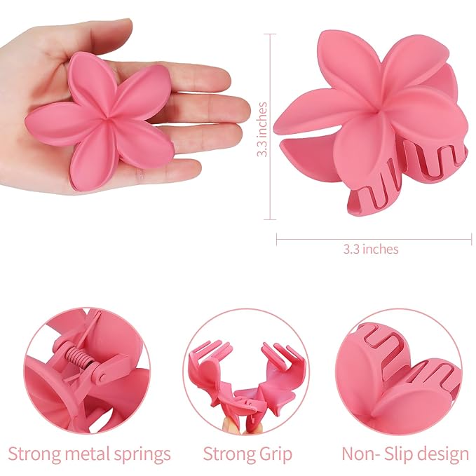 Hawaiian Plumeria Hair Accessories - 6 Pack Large Claw Clips for Thick and Thin Hair, Beach Tropical Hair Clips for Women and Girls -Dopamine
