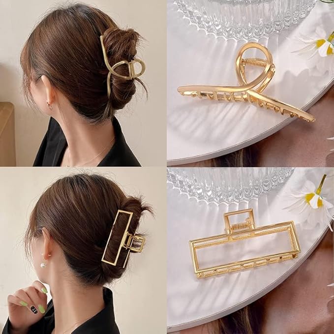 4pcs Metal Gold Hair Clips for Women, Geometry Square Cross Big Small Hair Clamps Jaw Crab Barrette for Thick Thinner Long Hair, Fashion Women's Hair Accessories Styling Tools Gifts