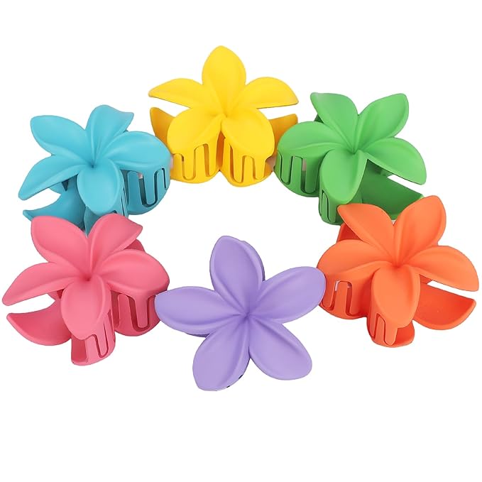 Hawaiian Plumeria Hair Accessories - 6 Pack Large Claw Clips for Thick and Thin Hair, Beach Tropical Hair Clips for Women and Girls -Dopamine