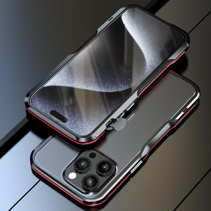HENGHUI Aluminum Bumpers for iPhone 15 Pro Max Bumper Case with Strap Hole Metal Frame Bumper Cover Shock Absorbent Slim Cool Design (Black+Red)