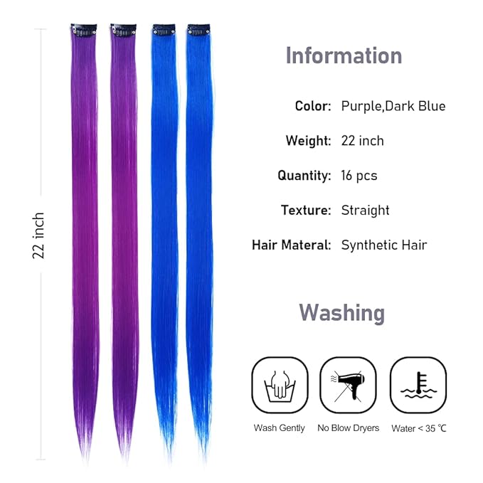 16Pcs Color Clip in Hair Extensions Purple Blue Multiple Color Hair 20inch Colorful Straight Fashion Clip on Hairpieces for Girls Women(Purple + Blue)