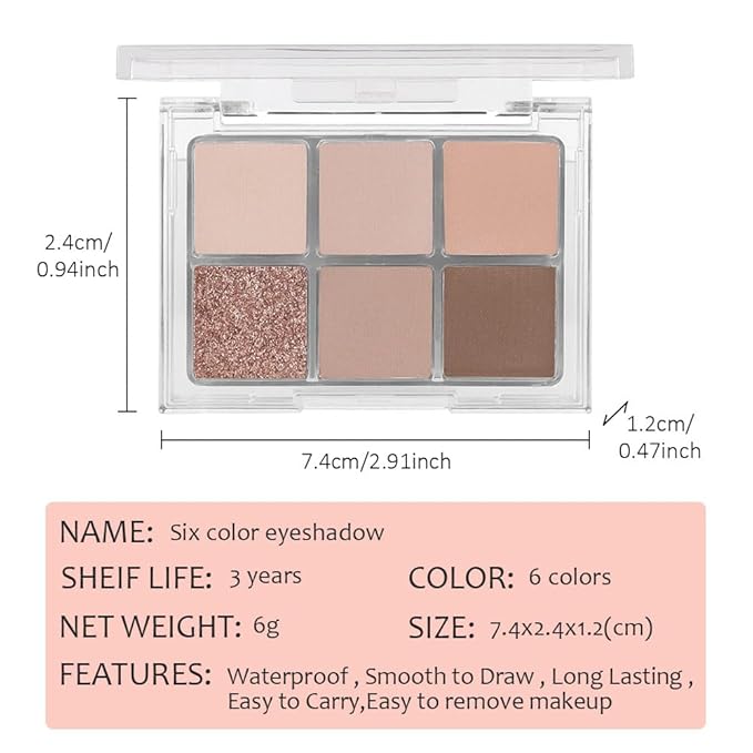 6 Colors Glitter Matte Eyeshadow Palette, Natural Nude Brown Coffee Shimmer Sparkly Eye Shadow Makeup, Warm Pastel Eyeshadows Palette Long Lasting Waterproof Naturing-Looking Women Girls Eye Shadow 02