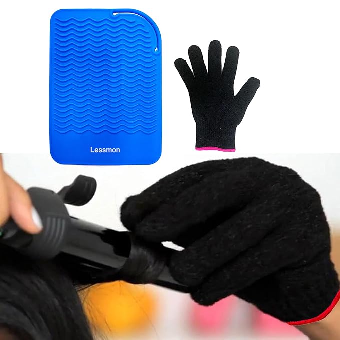 Heat Resistant Mat Pad and Heat Resistant Glove for Curling Irons, Hair Straightener, Flat Irons and Hair Styling Tools 9" x 6.5", Blue by Lessmon