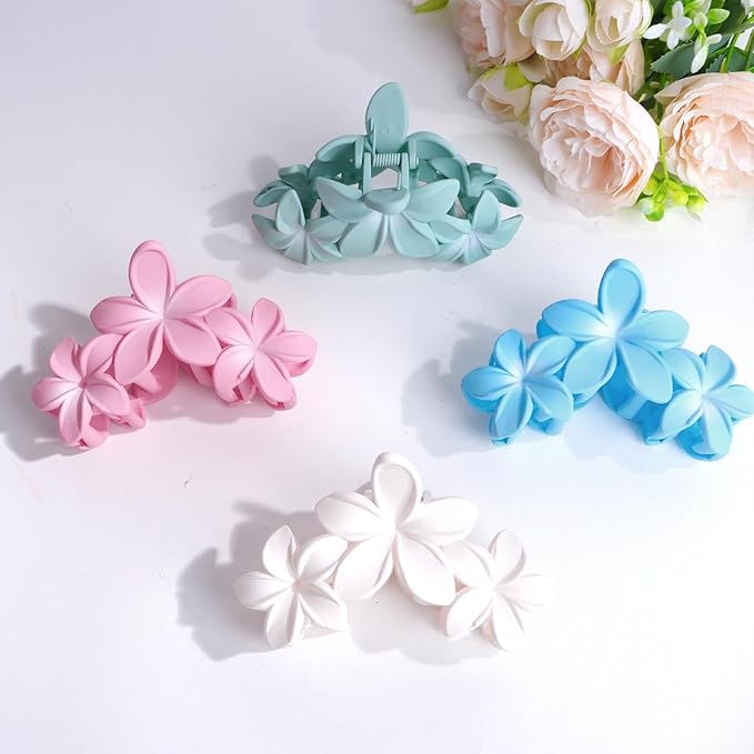 4PCS Cute Plumeria Flower Claw Hair Clips for Women - Large, Strong Hold Beach Hair Accessories for Thick Hair (Colorful)