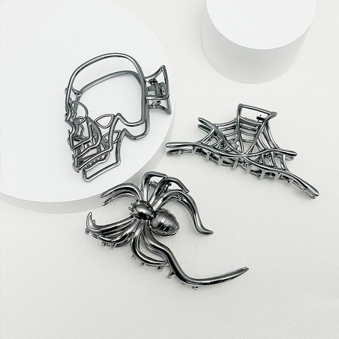 3 Pieces Large Metal Spider Net Hand Hair Claw Clips for Women and Girls Thick Long Hair, Nonslip Skeleton Spooky Barrette Headband Hair Styling Accessories for Halloween Christmas Gifts