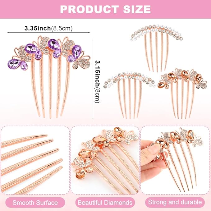 4 Pcs Pearl Rhinestones Hair Accessories, Pearl Hair Side Combs Clip Crystal Rhinestone Hair Combs for Women and Girls, Decorative Combs for Wedding Party Daily (Rose Gold)