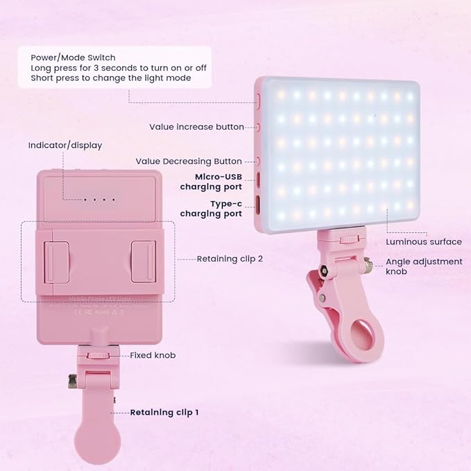 Inspack 60 LED Selfie Light for iPhone, with Back Clip & Front, Portable Phone Clip for Tiktok Video Recording, Zoom Calls Lighting Computer, High Power Rechargeable with 3 Light Modes, Pink