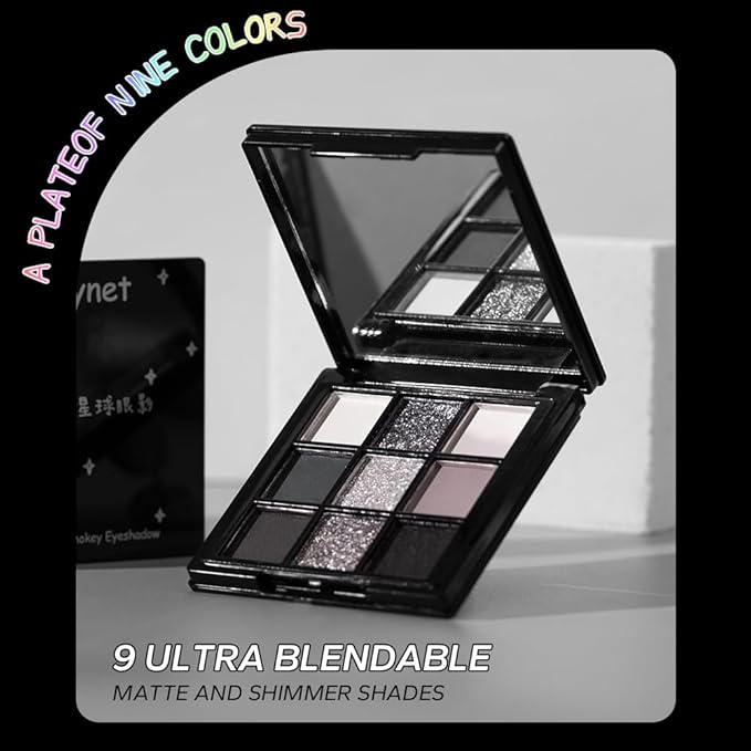 9 Color Smokey Eyeshadow Palette - Highly Pigmented Matte & Glitter Shades, Long-Lasting, Waterproof & Blendable, Black Silver Gray Eyeshadow Set for Sultry Glam (Reversal Star Smokey)