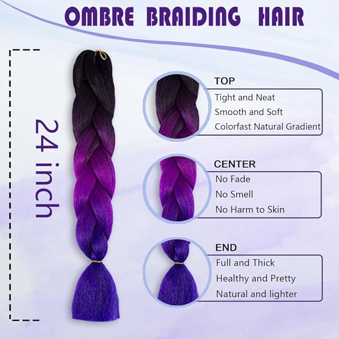 Ombre Braiding hair synthetic Crochet braids twist 24inch 5pcs/lot 100g Ombre two three tone Jumbo braid hair extensions Dreadlocks (black-purple-blue)
