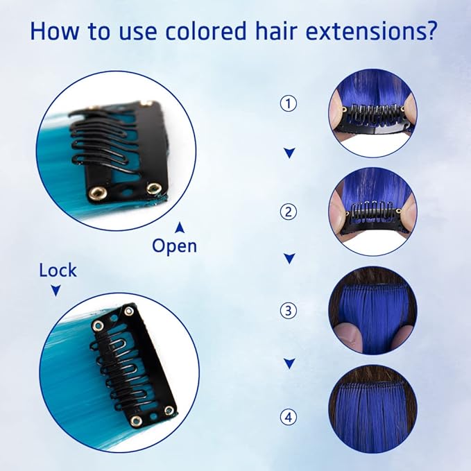 24 Pcs Colored Clip in Hair Extensions 20 Inch Long Straight Party Highlights Synthetic Hairpieces for Women Kids Girls(White, Gray, Blue, Navy blue)
