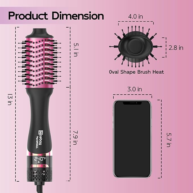 Nicebay Hair Dryer Brush, Hot Tools Blow Dryer Brush for Women, One Step Blowout Brush with Display Screen, Oval Ceramic Barrel, Negative Ion