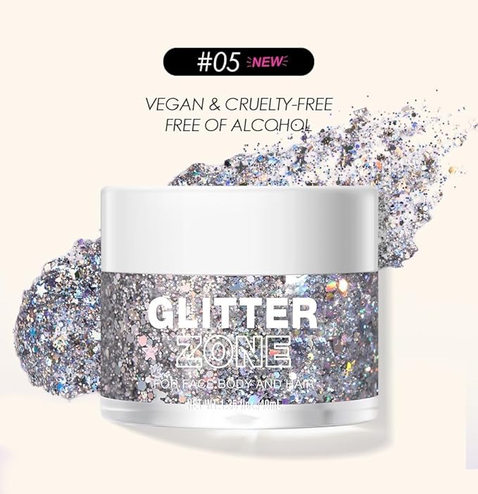 Holographic Body Glitter Gel - Cosmetic-Grade, Christmas Glitter Makeup for Face, Body, and Hair, Safe and Easy to Use, Perfect for Festivals Parties (05 Silver Fantasy)