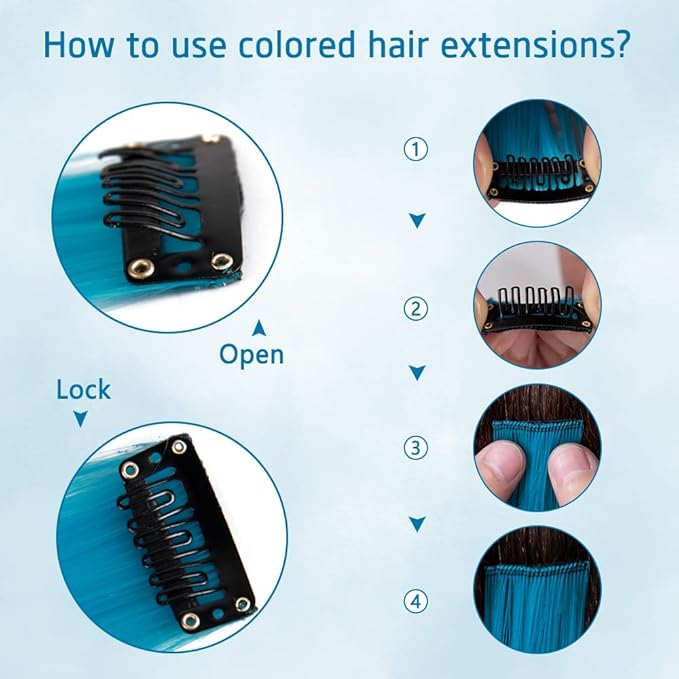 20 Inch Colored Hair Extensions Party Highlights Straight Colorful Clip In Hair Extensions Synthetic Rainbow Hairpieces for Girls Kids Gift(10Pcs Navy Blue)