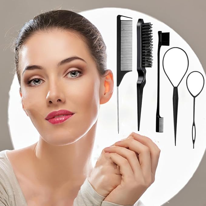 5Pcs Slick Hair Brush Set with 2Pcs Topsy Hair Tail Tool 1Pcs Bristle Teasing Hair Brushes 1Pcs Edge Brush 1Pcs Rat Tail Comb Woman,Girls,Hair Flyaways Styling,Edge&Back Combing biack