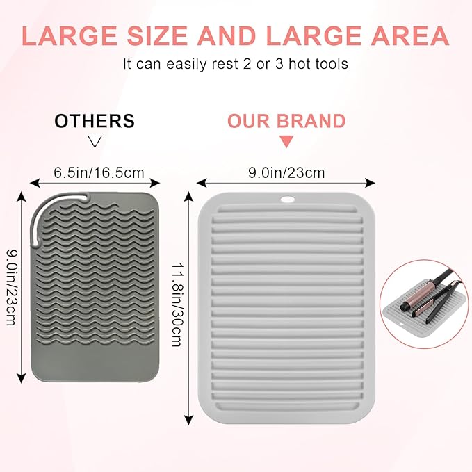 Large Silicone Heat Resistant Mat, Professional Hot Hair Tools Mat for Curling Iron, Flat Iron, Hair Straightener, Portable Hot Pad Cover with Velcro for Travel Home Salon(11.8" x 9.0")
