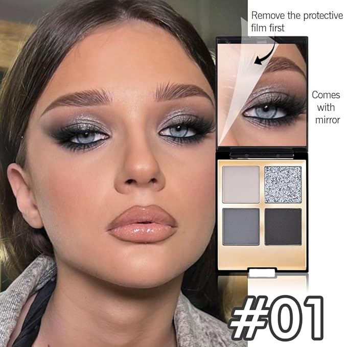 Eyeshadow Quad Makeup Palette – 4 Shades of Black, Gray, Natural, Nude & Smoky Tones, Blendable Matte & Shimmer, Long-Lasting Waterproof, Perfect for Mature & Young Women, with Built-In Mirror 01#