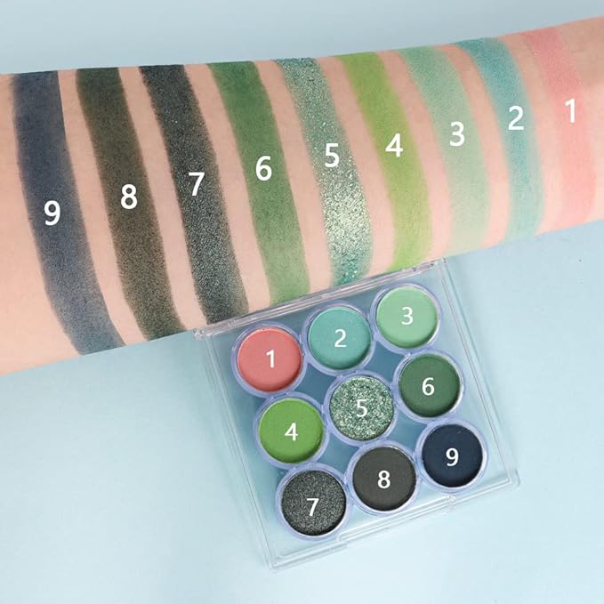 9 Colors Green Olive Matte Shimmer Eyeshadow Palette for Eye Makeup,High Pigmented Pink Emerald Mint Eye Shadow Primers Powder Palet de sombras de ojos