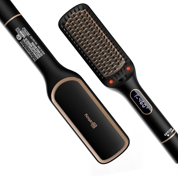 Nicebay Straightener Brush, Rotatable Temperature Adjustment Hair Straightening Brush, Auto-Off & Led Display Hair Straightener Comb for Women