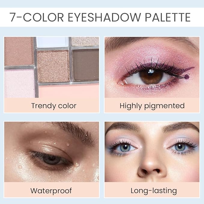 Seven Color Matte Shimmer Eyeshadow, 7 Sky Blue Nude Champagne Gold & Black Brown Series Pressed Powder Eyeshadow, Daily Silky Makeup Eyeshadow Palette,Easy to Carry,Vegan & Cruelty-Free, 24# 0.25 Oz