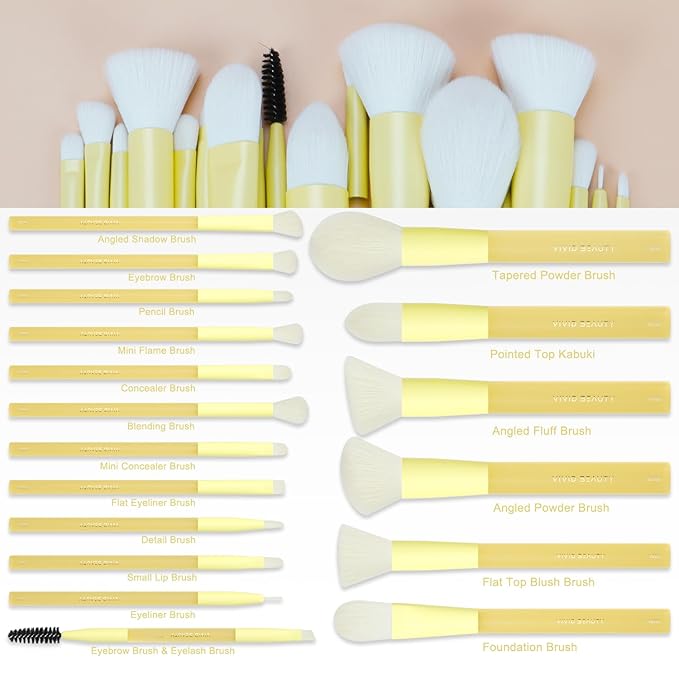 18pcs Colorful Makeup Brush Set with Make up Bag and Sponge Applicators for Liquid Foundation - Professional Cosmetics Tools Blush Blending Blender Brushes Gift Pack (Yellow)