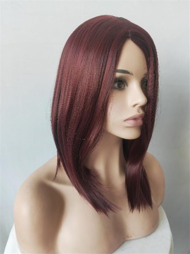 OYSRONG Elegant Women Medium Length Wine Red Straight Bob Heat Resistant Daily Hair Wig