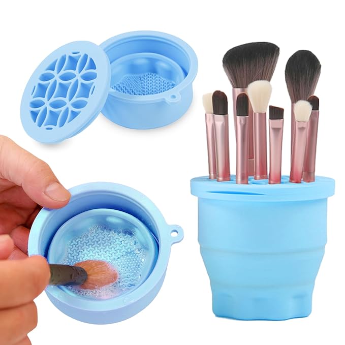 Makeup Brushes Cleaner Mat with Brush Storage Holder, Folding Portable Washing Tool for Makeup Brush Cleaning, 2 In 1 Silicone Brush Cleaner Pad & Cosmetic Brush Organizer Rack (Blue)
