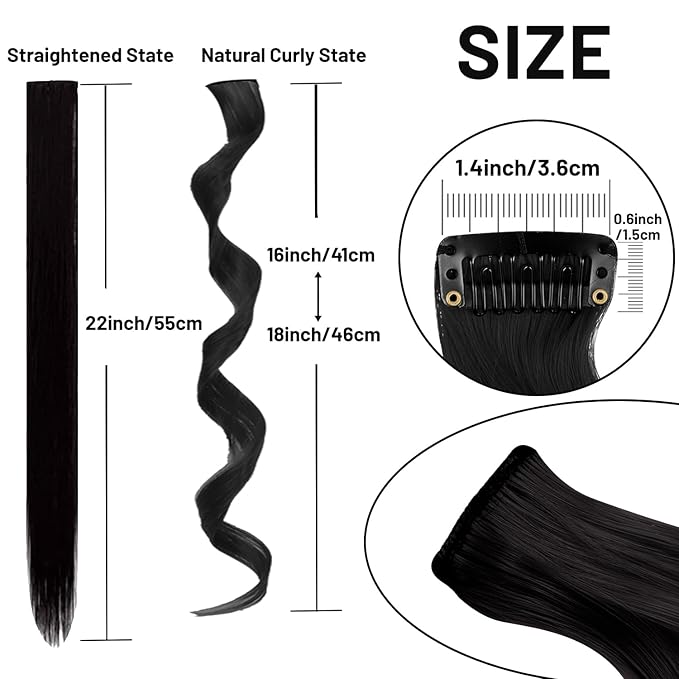 16 Pcs Colored Hair Extensions Curly Wavy Clip in Synthetic Hair Extensions,Colorful Party Highlights Hairpiece Streak for Girls Women Kids Favors Gift(Black)