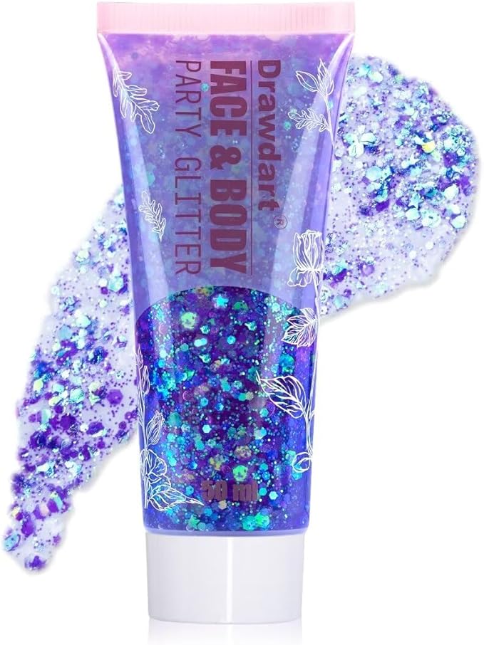Purple Iridescent Face Body Glitter Gel,Sparkling Chunky Sequins Mermaid Face Body Hair Lip Nails Glitter Gel,Festival Glitter Rave Party Accessories 50ml