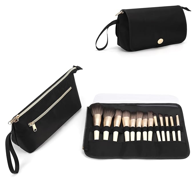 OCHEAL Makeup Brush Holder and Makeup Bag 2 in 1,Makeup Pouch with Brush Organizer,Travel Makeup Brushes Bag Cosmetic Bags for Women Portable Roll-up Makeup Case -Black