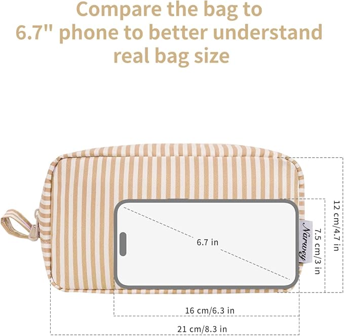 Narwey Cute Makeup Bag Small Toiletry Bag Travel Cosmetic Bag Organizer Make Up Bags with Organized Pockets for Women (Brown Stripe, Large)
