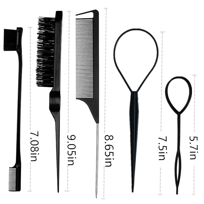 5Pcs Slick Hair Brush Set with 2Pcs Topsy Hair Tail Tool 1Pcs Bristle Teasing Hair Brushes 1Pcs Edge Brush 1Pcs Rat Tail Comb Woman,Girls,Hair Flyaways Styling,Edge&Back Combing biack