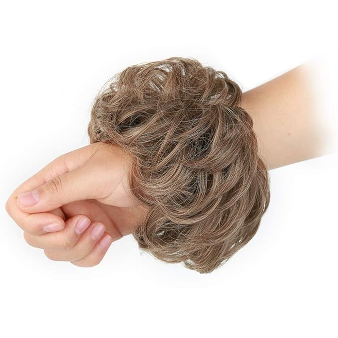 MORICA 1PCS Messy Hair Bun Hair Scrunchies Extension Curly Wavy Messy Bun Hair Synthetic Chignon Hairpieces for Women(12/24#(Light Golden Brown & Pale Golden Blonde Mixed))