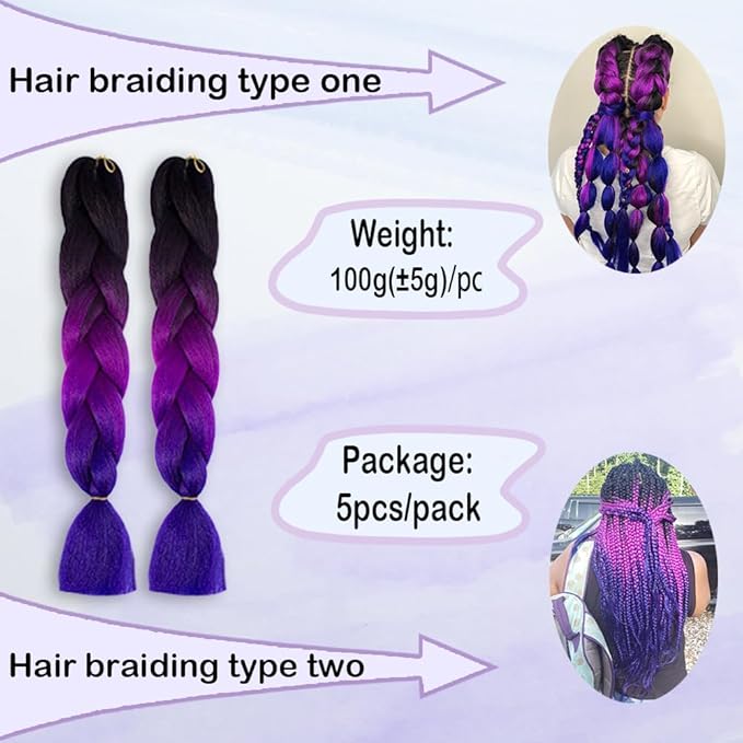 Ombre Braiding hair synthetic Crochet braids twist 24inch 5pcs/lot 100g Ombre two three tone Jumbo braid hair extensions Dreadlocks (black-purple-blue)