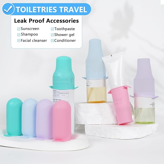 16 Pack Travel Essentials Silicone Bottle Covers,Accessories Luggage for Women Men,Travel Size Toiletries,Elastic Sleeves for Leak Proofing,Cruise Ship Essentials,Cruise Essentials 2024