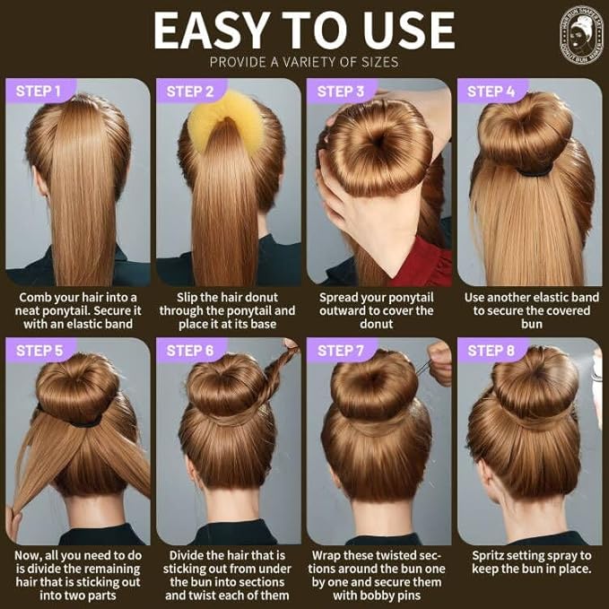 Teenitor Hair Bun Maker Set, 7 Pieces Bun Donuts for Hair(1 Extra-Large, 2 Large, 2 Medium, 2 Small), 5 Elastic Bands, 20 Hair Pins, Gold