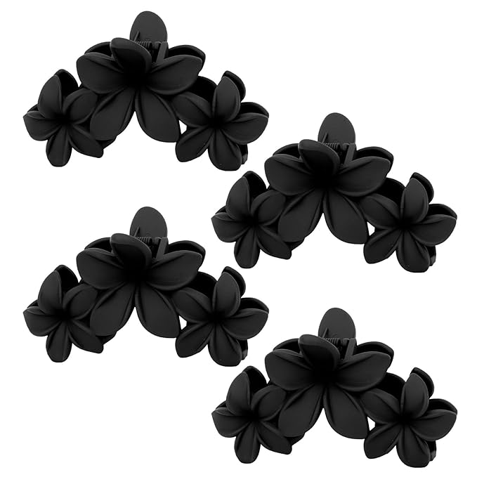 4PCS Matte Flower Hair Clips - Non-Slip Large Plumeria Clips for Thick Hair, Strong Hold for Women and Girls (Black)