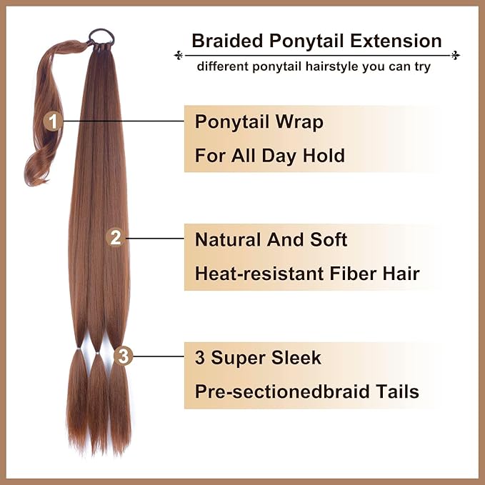 34inch Long Braided Ponytail Extension with Hair Tie Brown Straight Wrap Around Hair Braid Extensions for Women Synthetic High Temperature Fluffy Natural Soft Hair Piece for Women (6#)