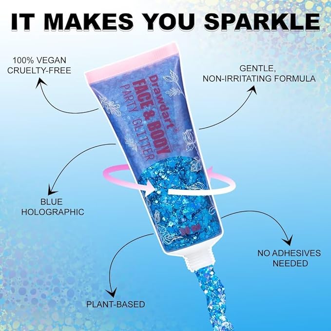 Body Glitter Gel,Blue Holographic Chunky Glitter for Face Hair Nails,Long Lasting Face Paint Glitter Music Festival Rave Accessories Makeup for Women Kids,50ml
