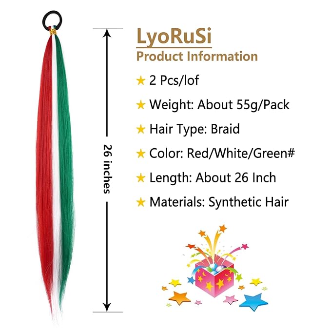 2 Pack Braid Ponytail Extension, Full of Christmas Color Ponytail Extension, with Elastic Tie Straight Tube Sleek Wrap Extension Hair Ponytail Extension 26 Inch (Red/White/Green#)