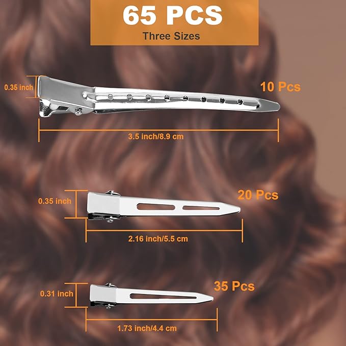 65Pcs Duck Billed Hair Clips for Styling Sectioning, Metal Silver Alligator Hair Clips for Women, 3 Sizes Long Hair Clip for Roller, Pin Curl Loc Clips for Retwist, Salon, Barber, Bows DIY