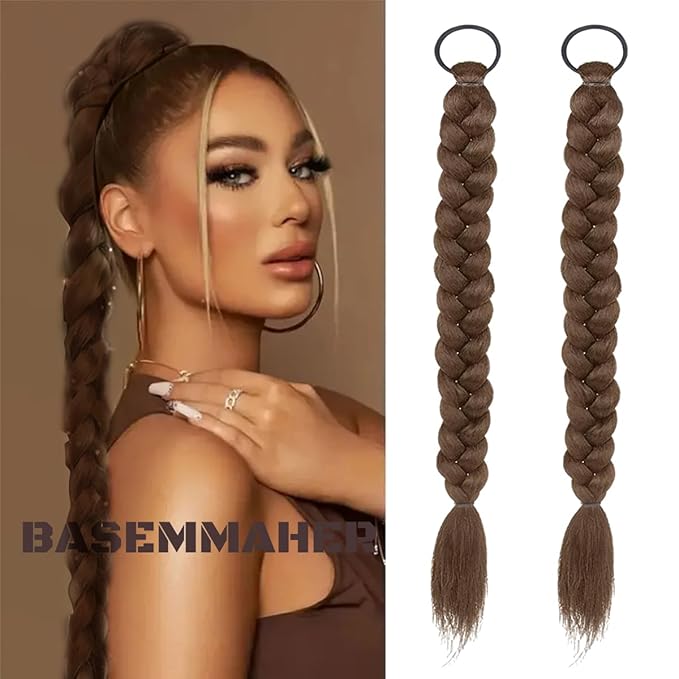 2Pcs Braided Ponytail Extensions with Hair Ties Soft Synthetic Hair Pieces Straight Wrap Around Hair Extensions Pony Tail Hairpieces Accessories for Women Daily Wear 16 Inch (Light Brown)