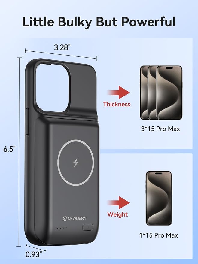 NEWDERY 10000mAh Battery Case for iPhone 15 Pro Max/Plus, USB C Qi Wireless Charging,Portable Protective Charger Case Battery Pack